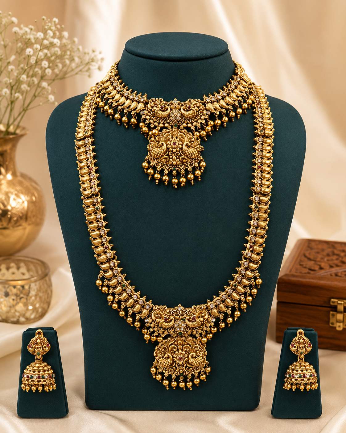 An ornate gold-toned traditional jewelry set displayed on a dark teal jewelry bust, including a long necklace, matching earrings, and a wooden box in the background.