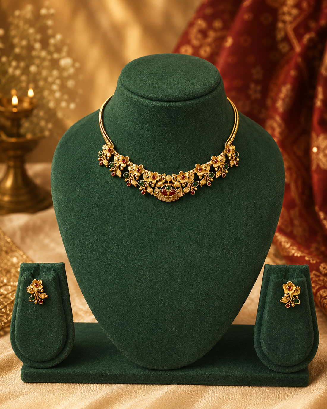 A woman wearing a traditional Indian outfit with a beige and red saree, gold zari embroidery, a matching gold necklace, and gold earrings. She is posed in front of a warm, golden background with red drapery and a lit candelabra.
