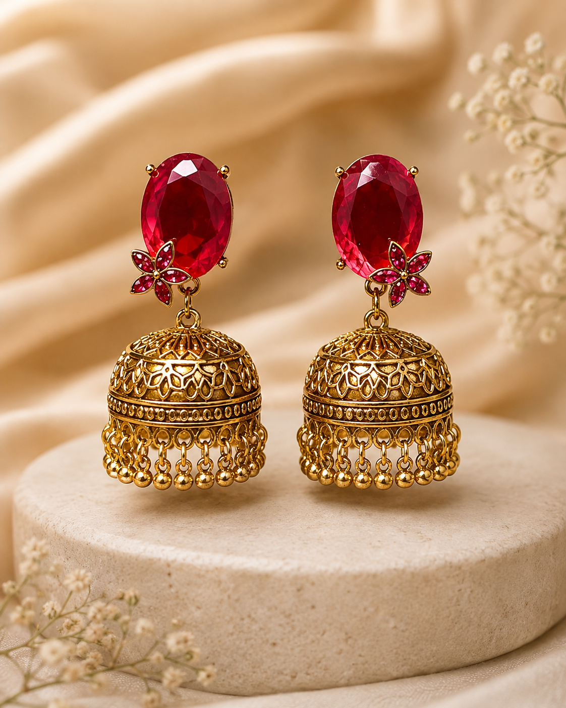 Ruby Oval Solitaire Jhumka Earrings – Antique Gold Dome P2 | OLS18