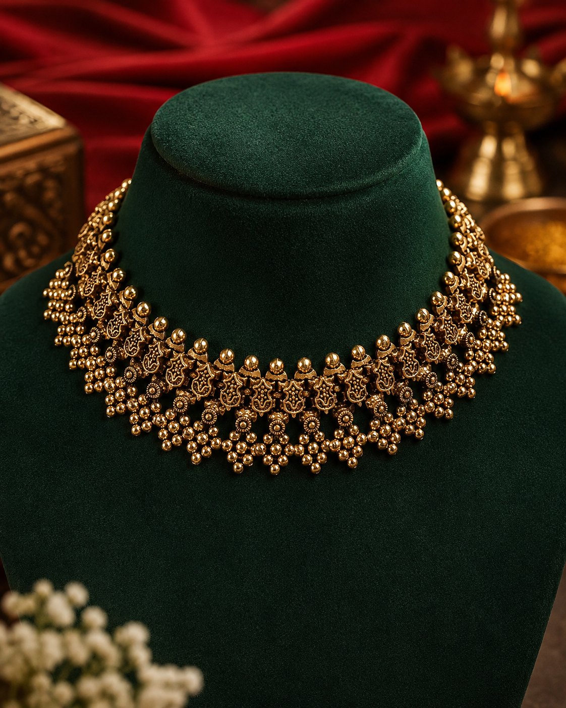 Antique Gold Nakshi Lotus Coin Choker Necklace | OLT11