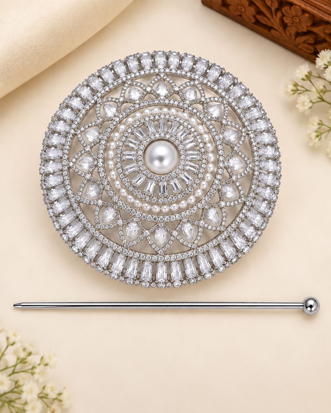 Pearl AD Silver Bridal Hair Bun Accessory - P2 | T302606729