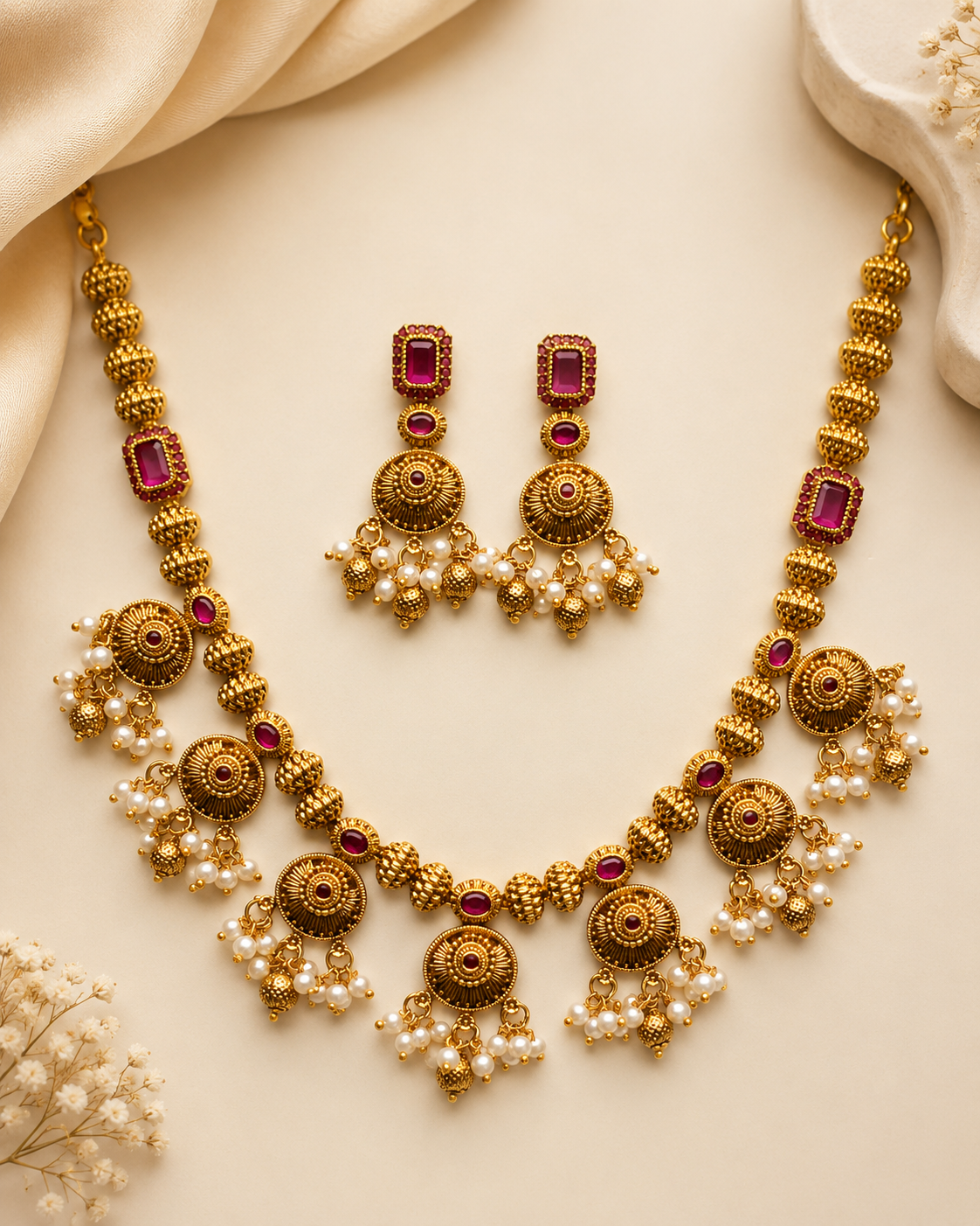 Antique Gold Disc Necklace Set with Pearl Drops | OLDZN13 / OLDZN12