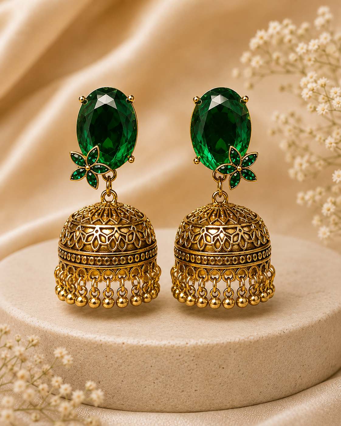 Ruby Oval Solitaire Jhumka Earrings – Antique Gold Dome P2 | OLS18