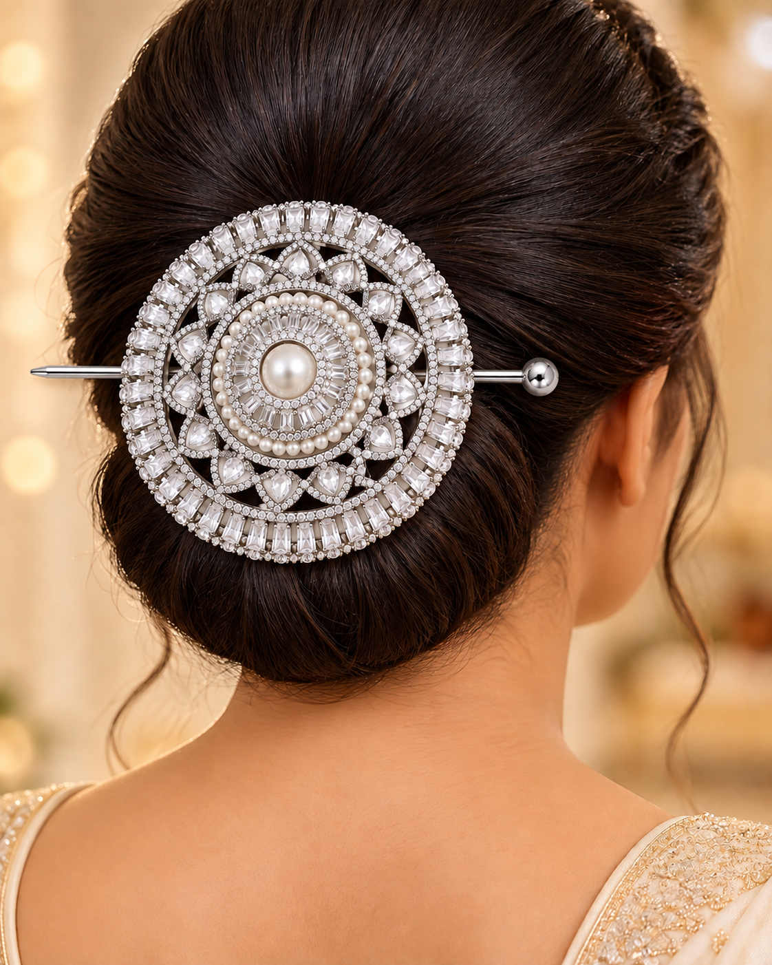 Pearl AD Silver Bridal Hair Bun Accessory - P2 | T302606729