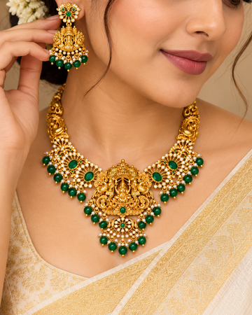 Antique Lakshmi Green Necklace Set - P2 | ONK293