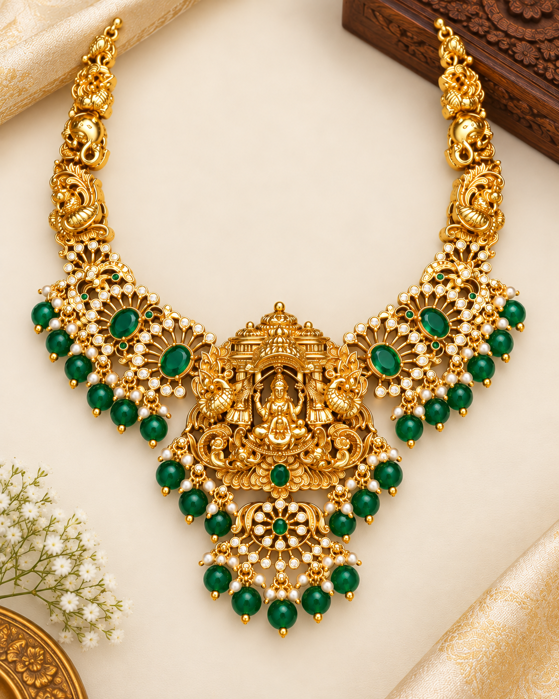 Antique Lakshmi Green Necklace Set - P2 | ONK293