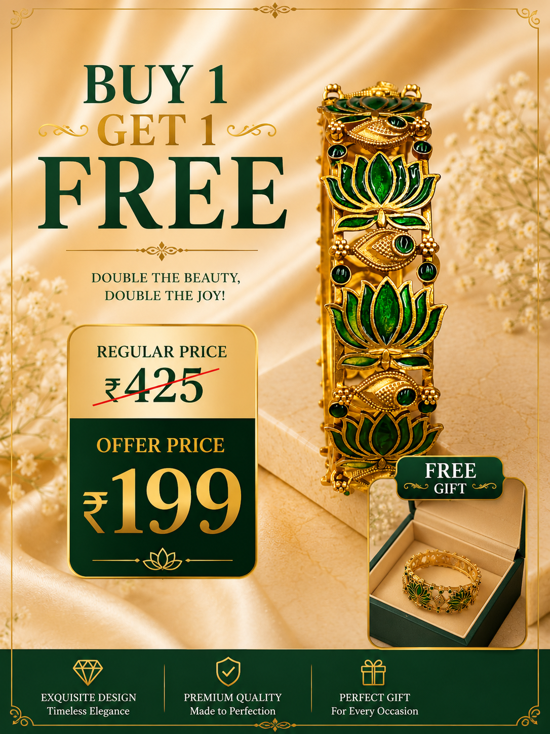 Buy 1 Get 1 Free, Meenakari Lotus Bangle – Antique Gold Green Enamel Kada - P2 | DM1