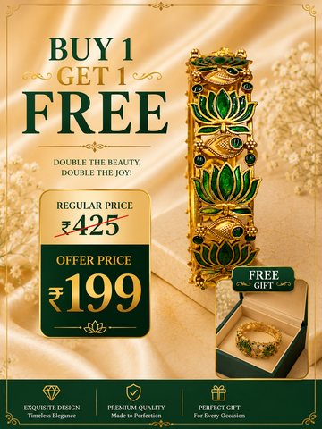 Buy 1 Get 1 Free, Meenakari Lotus Bangle – Antique Gold Green Enamel Kada - P2 | DM1