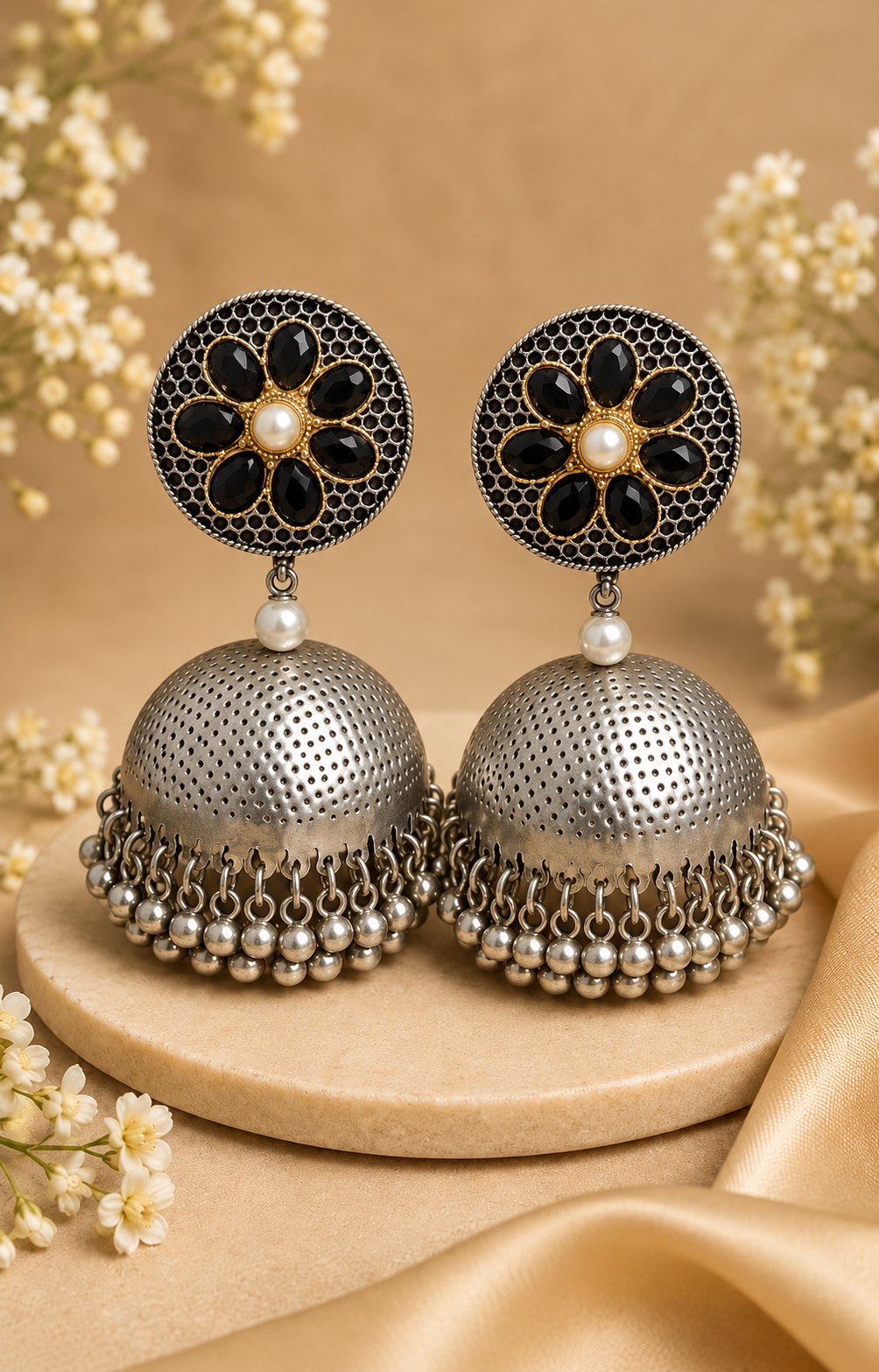 A close-up of a woman wearing a large traditional Indian jhumka earring. The earring features a black and gold floral filigree top, a small white pearl, and a silver-toned bell-shaped dangle with hanging silver beads.