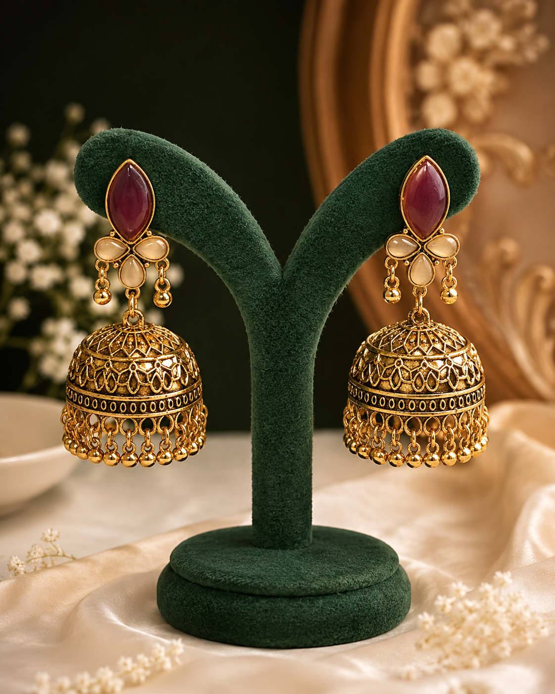 Ruby Marquise & Moonstone Jhumka Earrings – Antique Gold P3 | OLS18