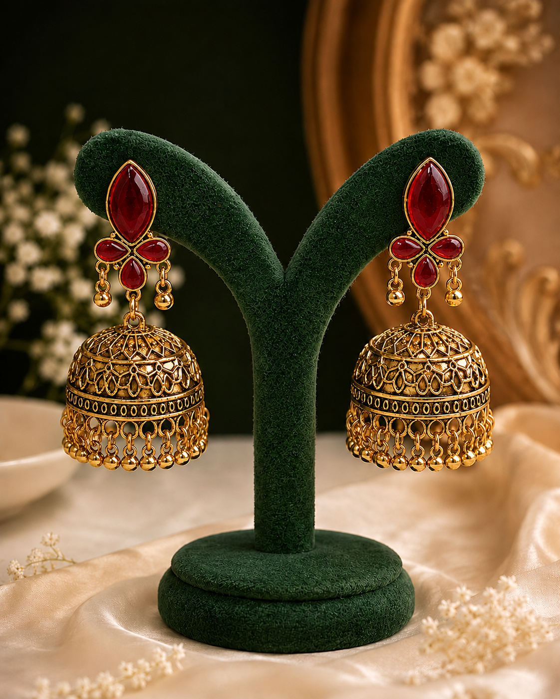 Ruby Marquise & Moonstone Jhumka Earrings – Antique Gold P3 | OLS18