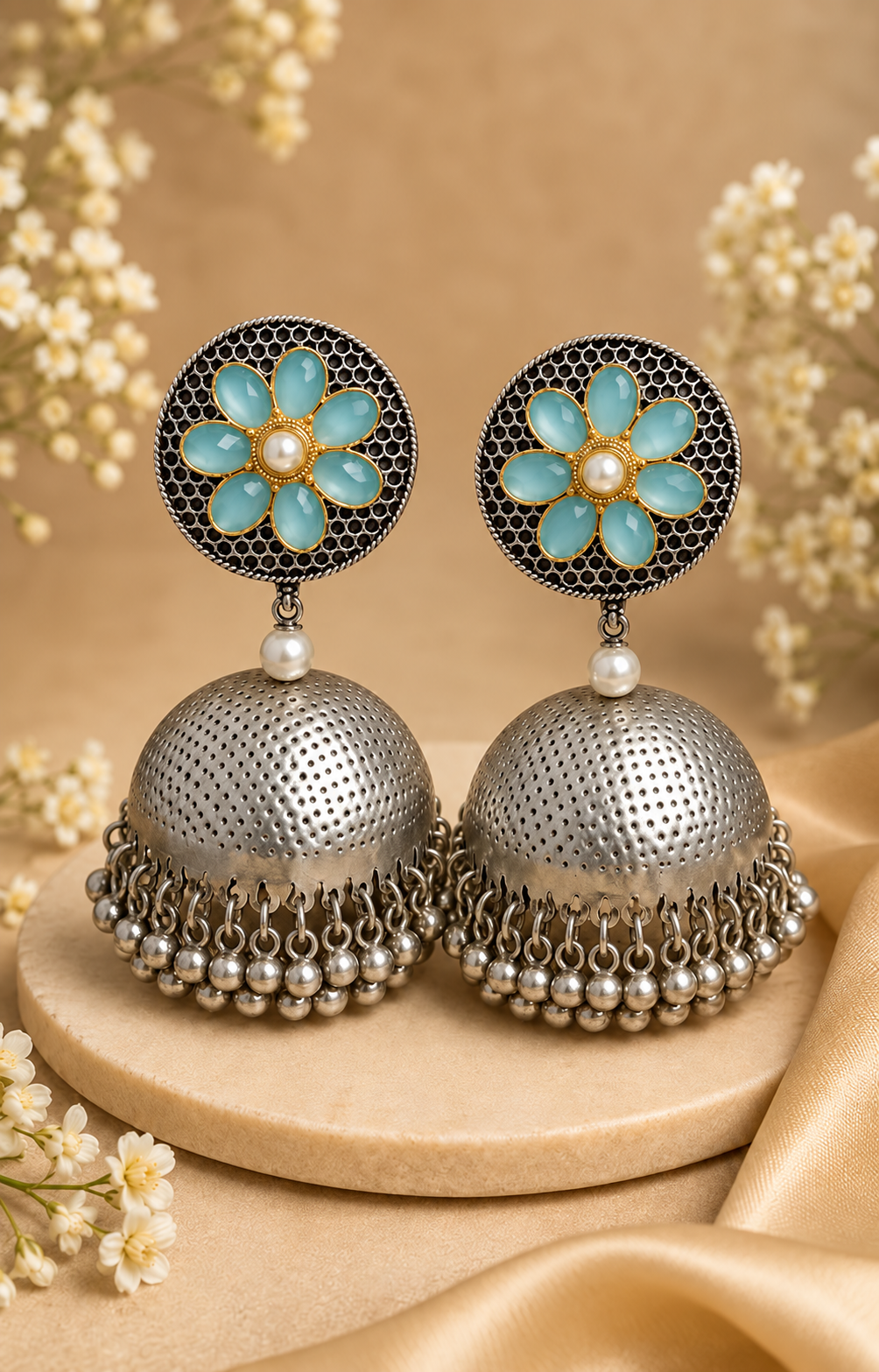 A close-up of a woman wearing ornate silver jhumka earrings with turquoise blue floral details and small pearl-like accents, against a soft beige background.