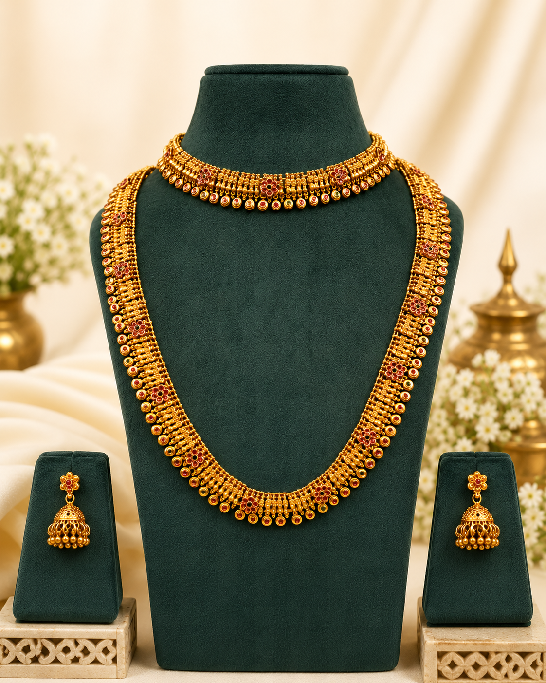 Gold Kemp Ruby & Green  Bridal Haaram, Choker & Jhumka Earrings Set | P6