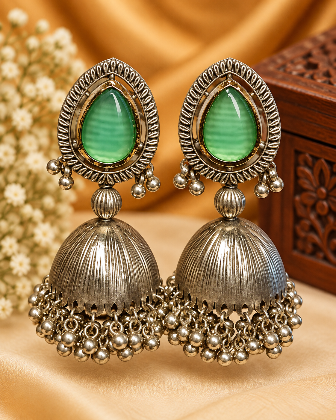 Teardrop Stone Oxidized Jhumka Earrings | L9852