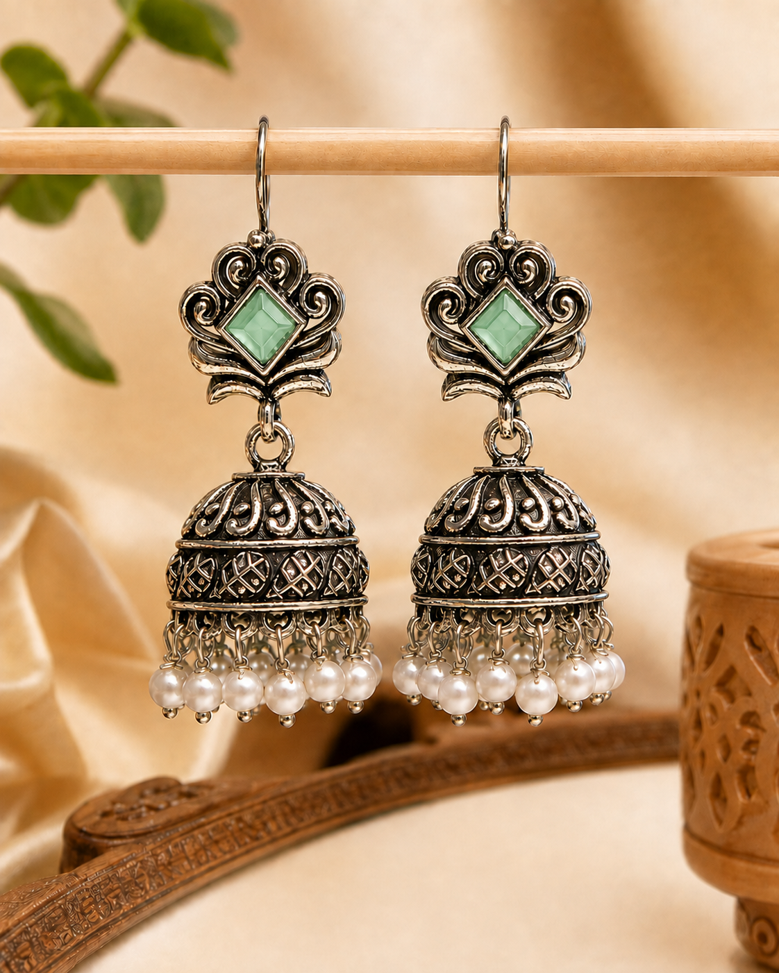 Oxidised Silver Jhumka Earrings with Black Stone & Pearls | OLS5