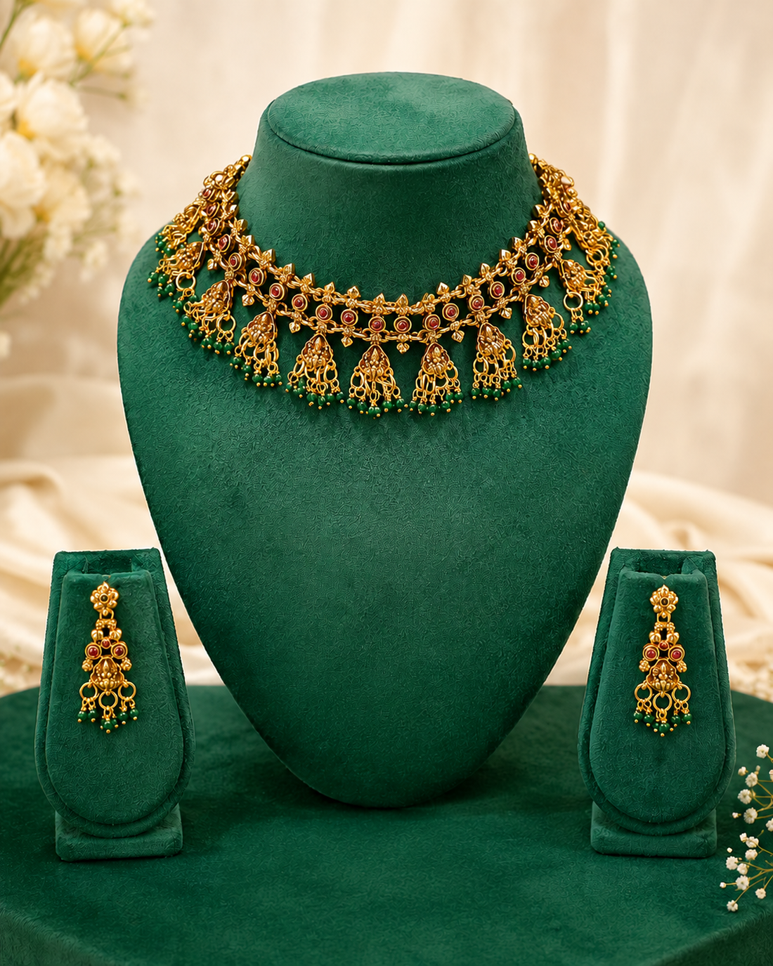 Antique Gold Guttapusalu Choker Set with Ruby Green Beads | ONK147