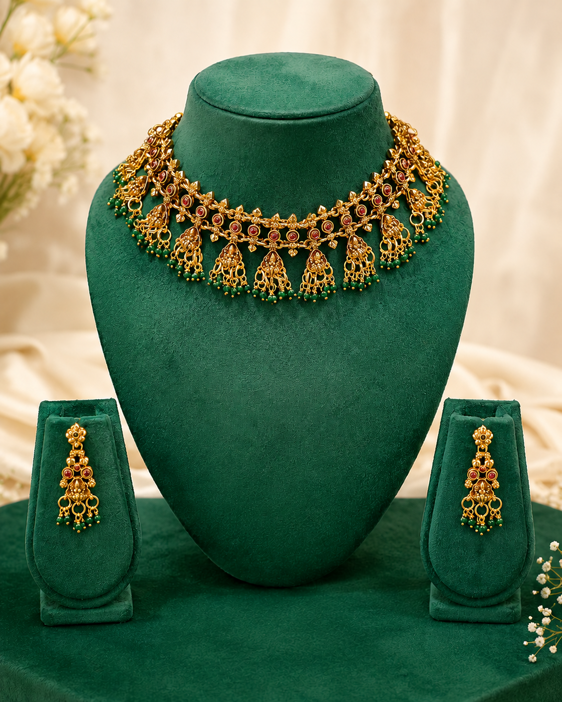 Antique Gold Guttapusalu Choker Set with Ruby Green Beads | ONK147
