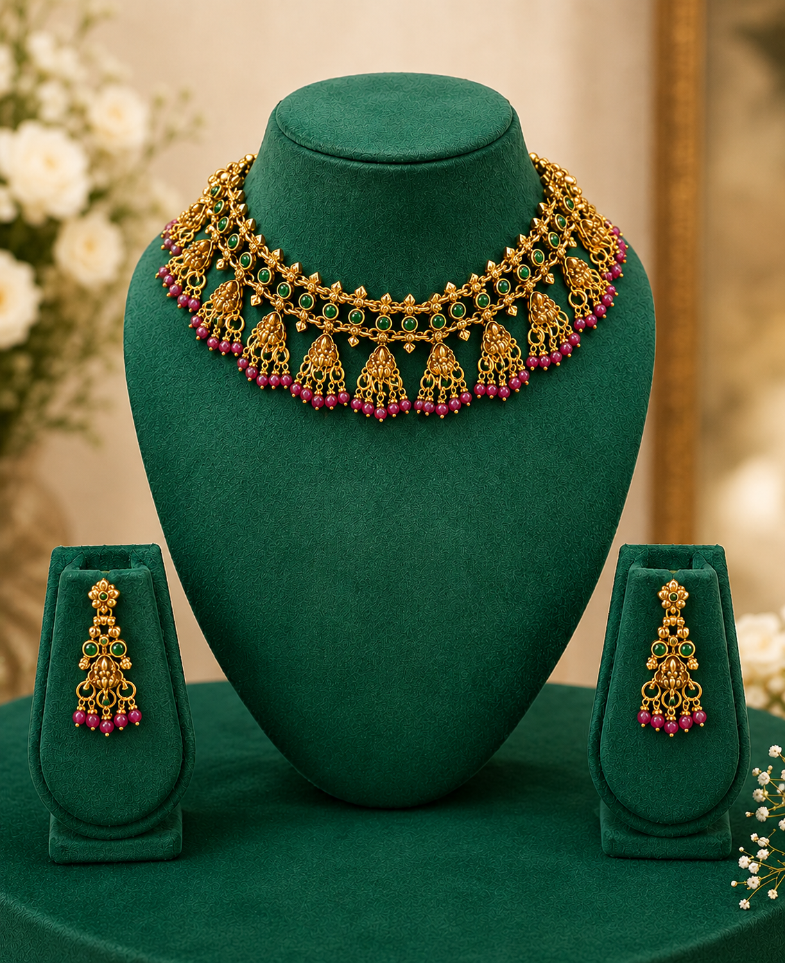 Antique Gold Guttapusalu Choker Set with Ruby Green Beads | ONK147
