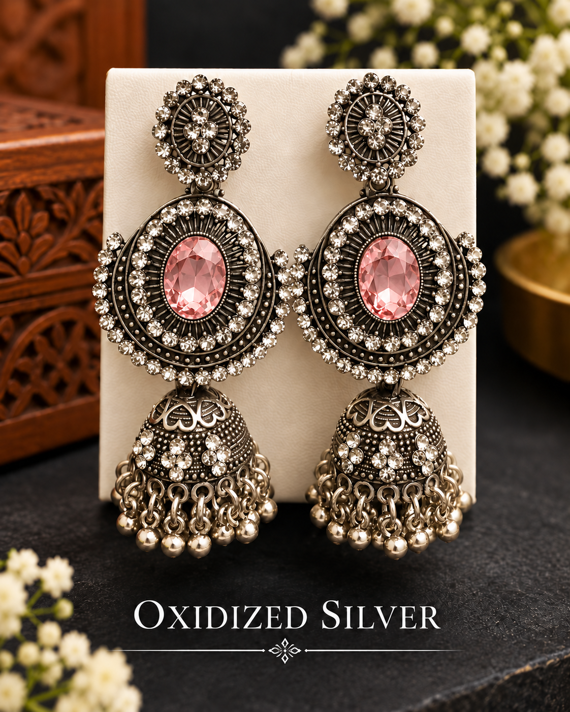 Oxidized Silver Stone Jhumka Earrings | LV3249