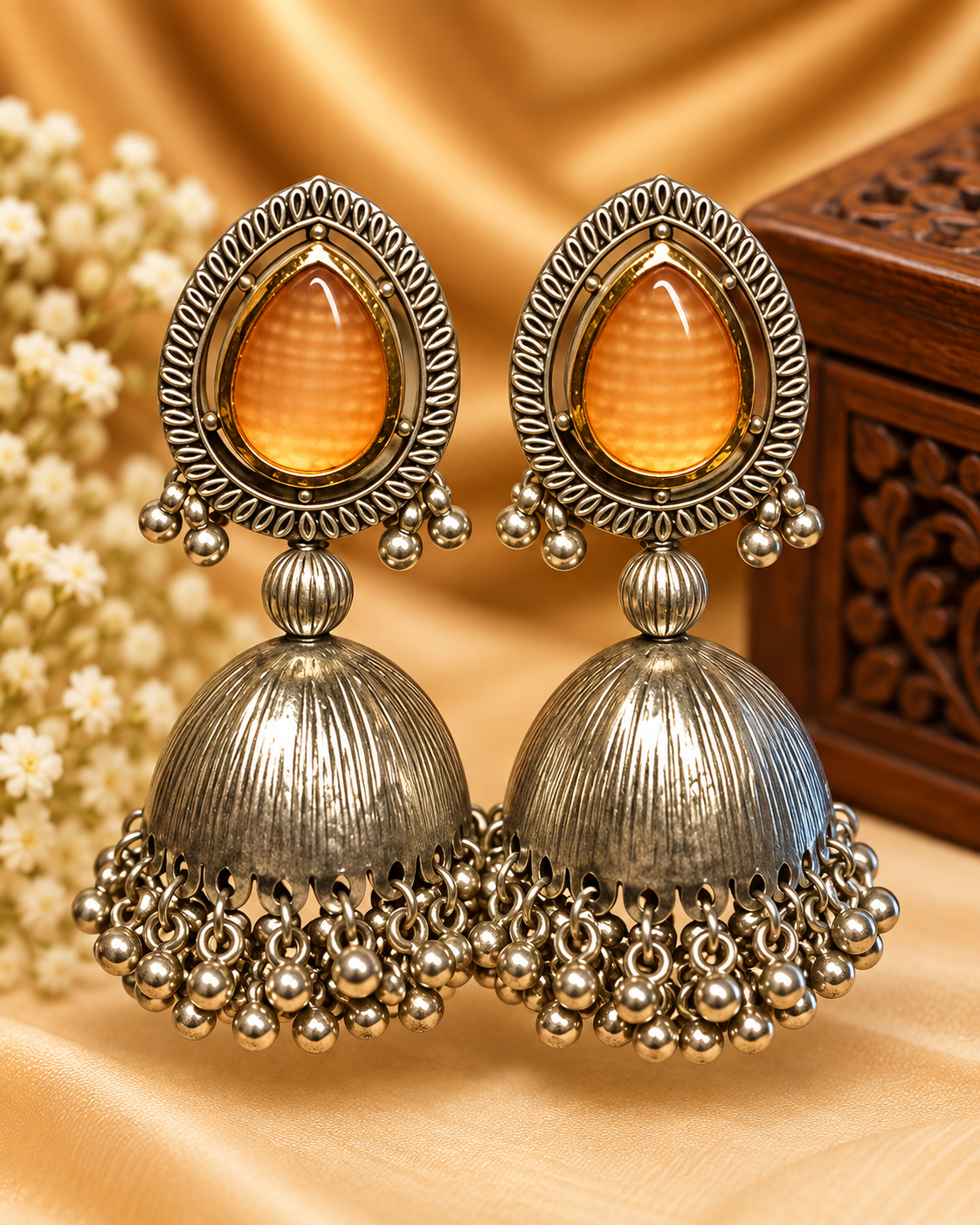 Teardrop Stone Oxidized Jhumka Earrings | L9852