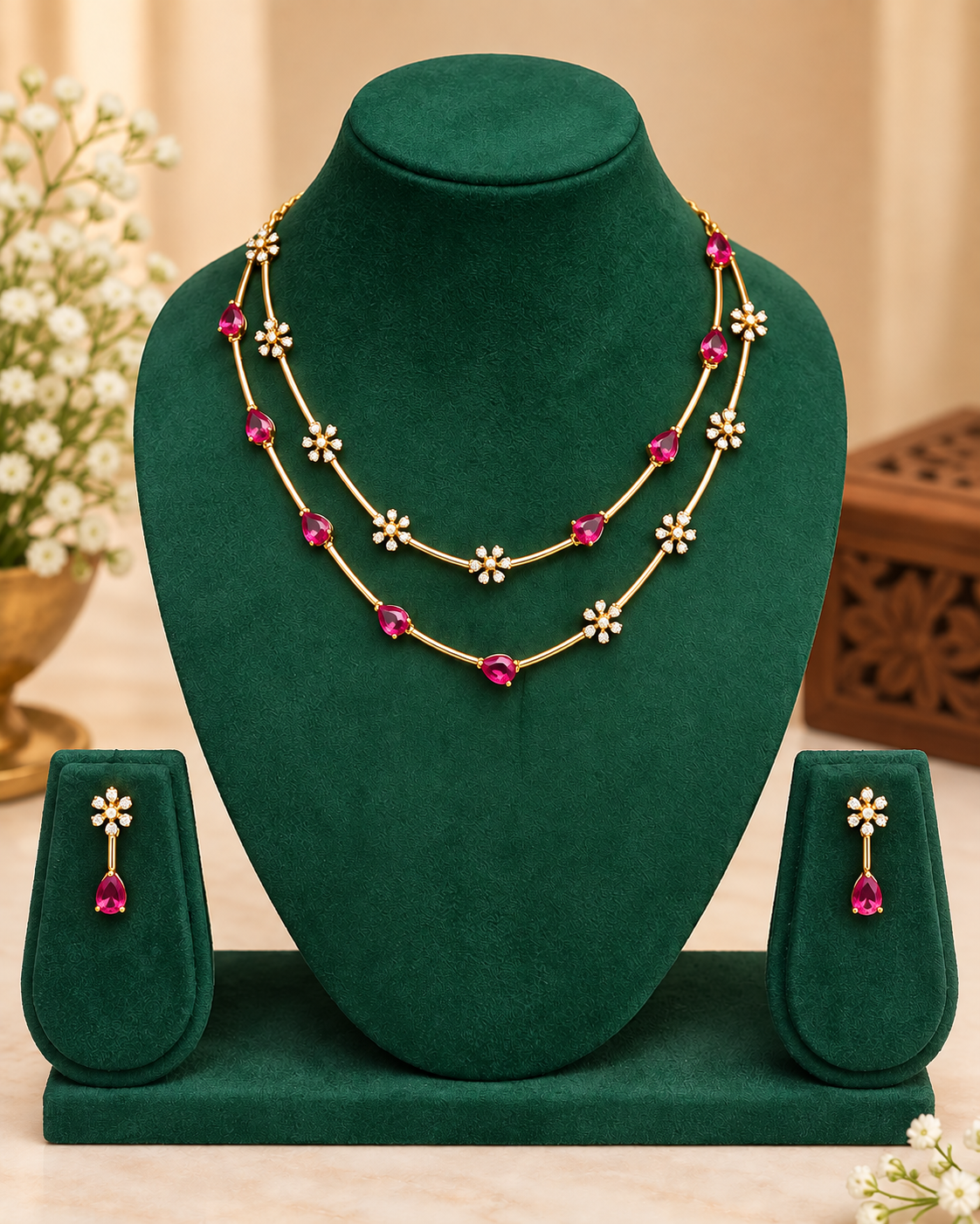 Floral Necklace Set With Double Layer Chains And Earrings | ONK189
