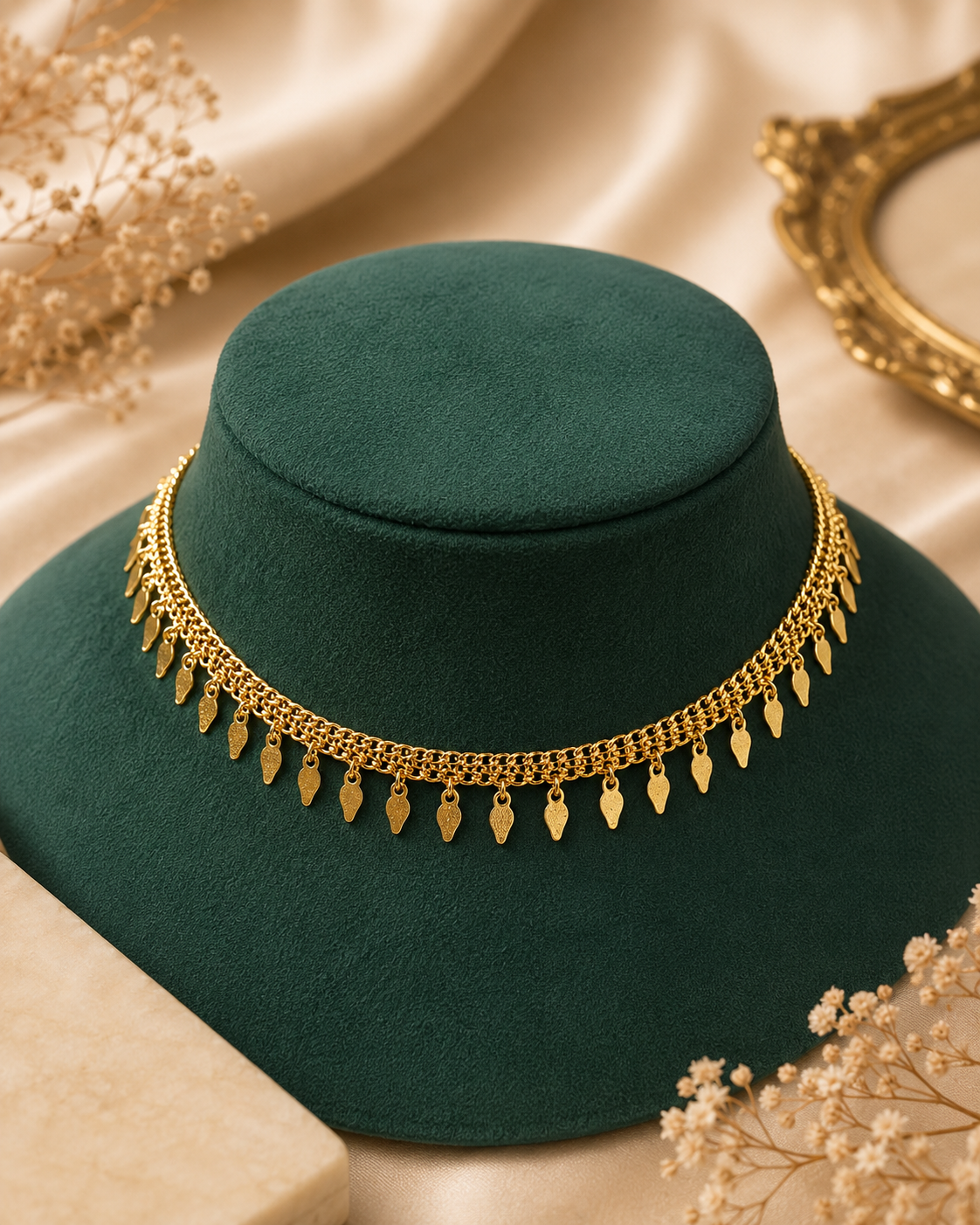 A gold-toned traditional necklace with dangling leaf-shaped charms, displayed on a dark green velvet jewelry bust against a beige satin background with decorative dried flowers.