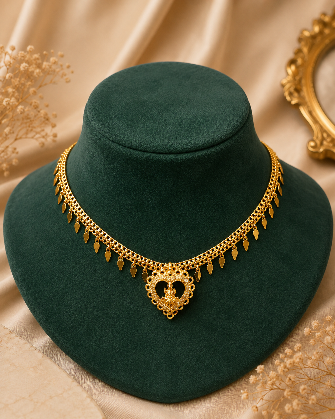 A woman wearing a gold heart-shaped pendant necklace and matching stud earring, styled with a shimmering beige sari against an elegant, softly lit background.