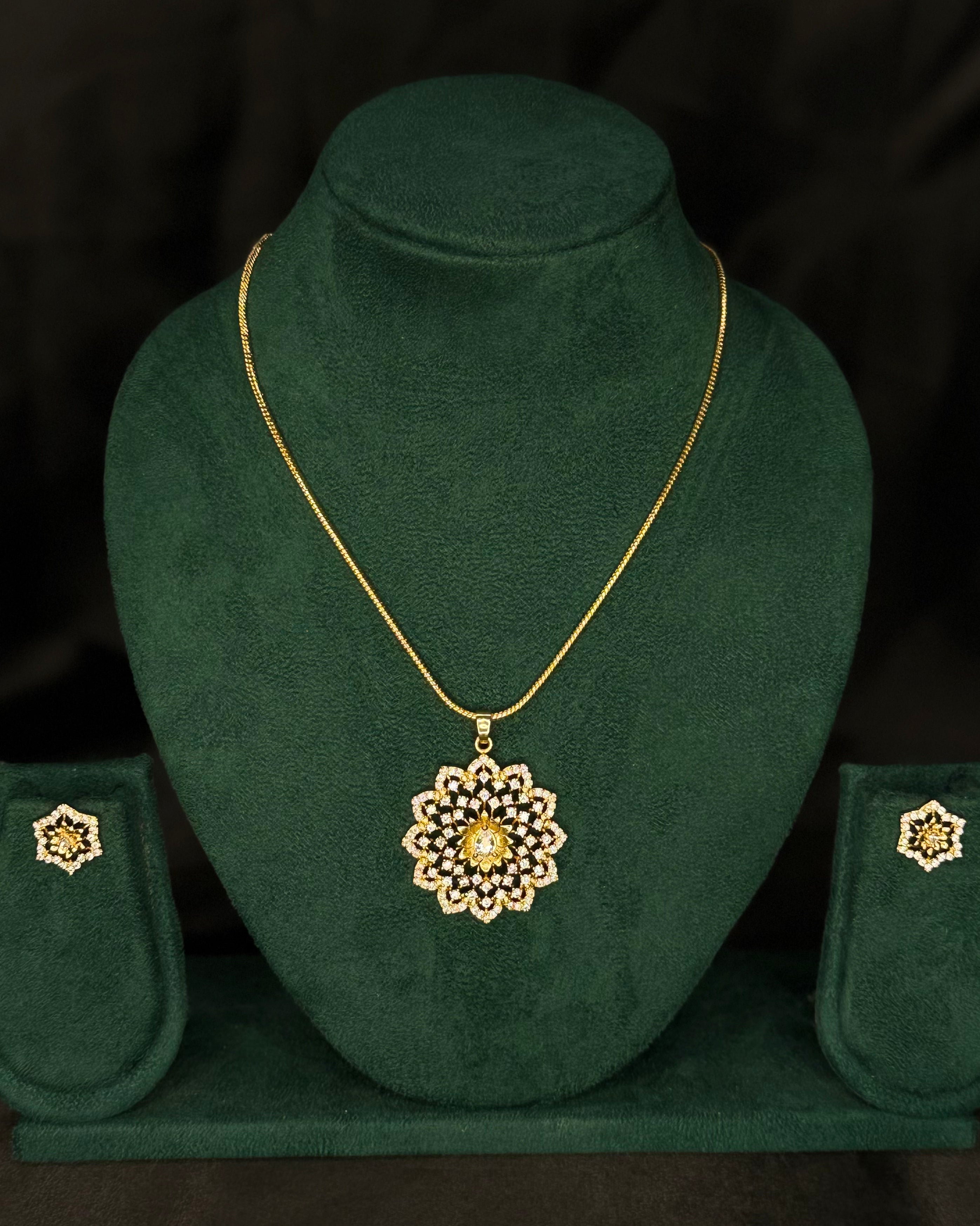 Elegant Rolled Gold Floral Pendant Necklace Set with Matching Earrings | PJV80