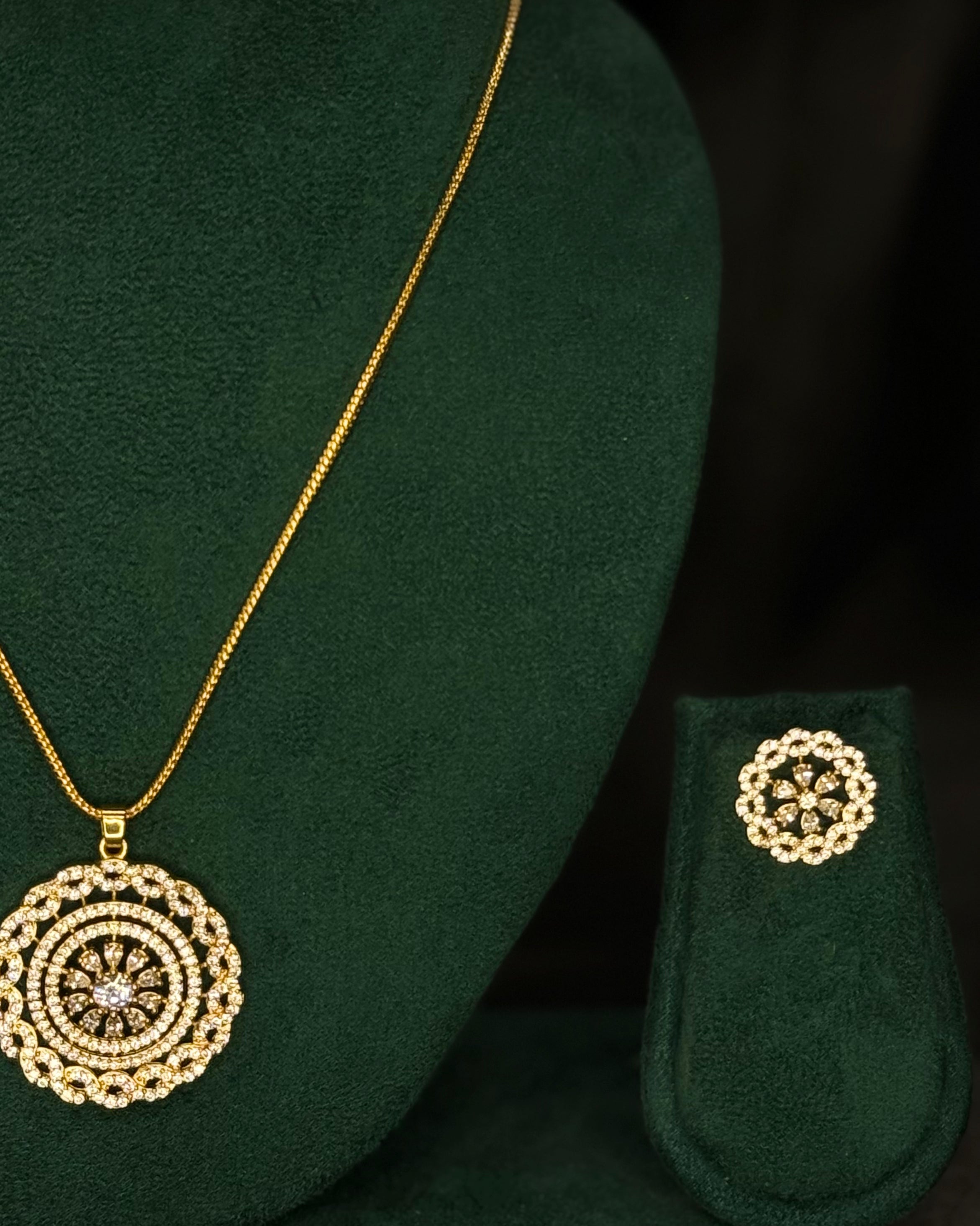 Elegant Rolled Gold Pendant Necklace Set with Matching Floral Stud Earrings | PJV89