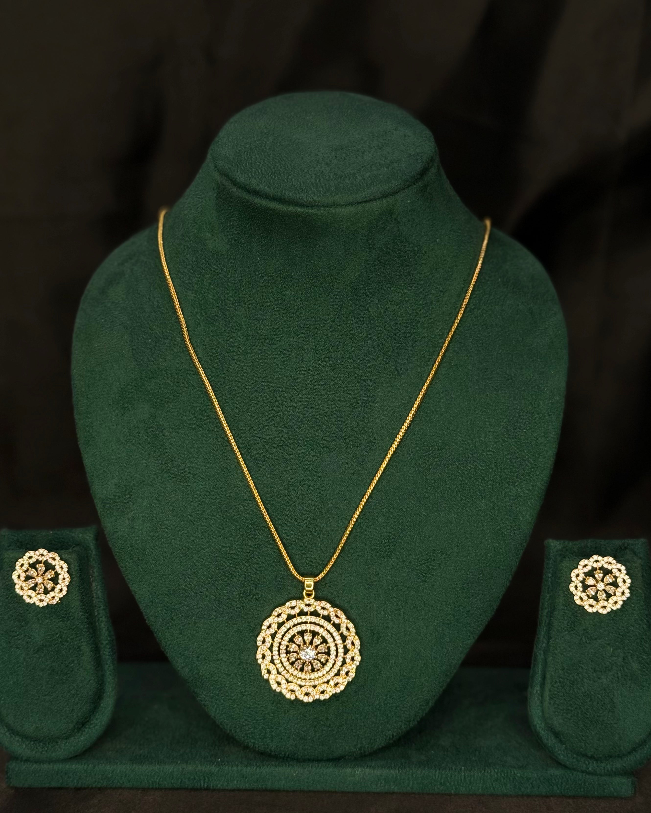Elegant Rolled Gold Pendant Necklace Set with Matching Floral Stud Earrings | PJV89