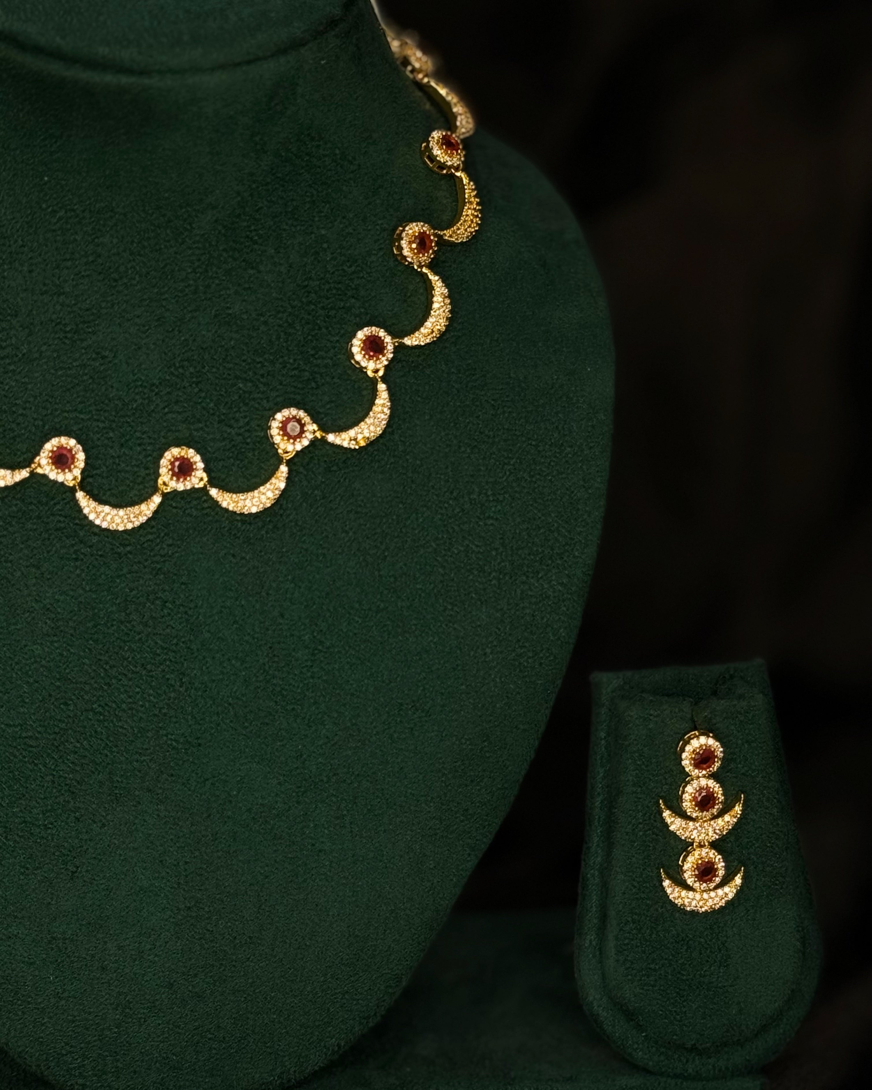Elegant Rolled Gold Necklace Set with Pink Stone Detailing and Matching Earrings | PJV90