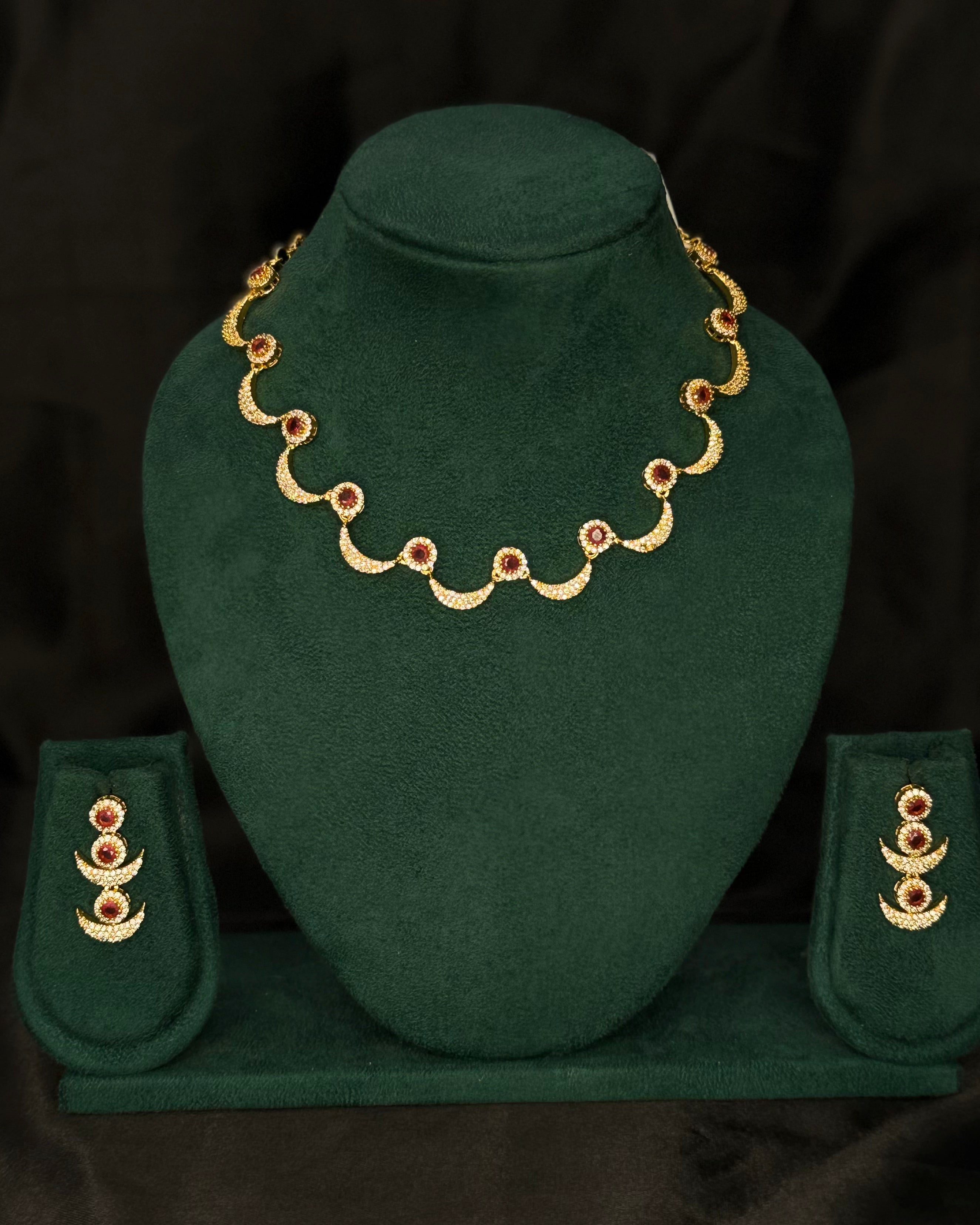Elegant Rolled Gold Necklace Set with Pink Stone Detailing and Matching Earrings | PJV90