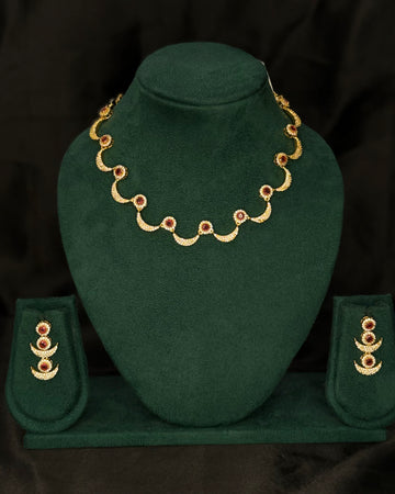 Elegant Rolled Gold Necklace Set with Pink Stone Detailing and Matching Earrings | PJV90