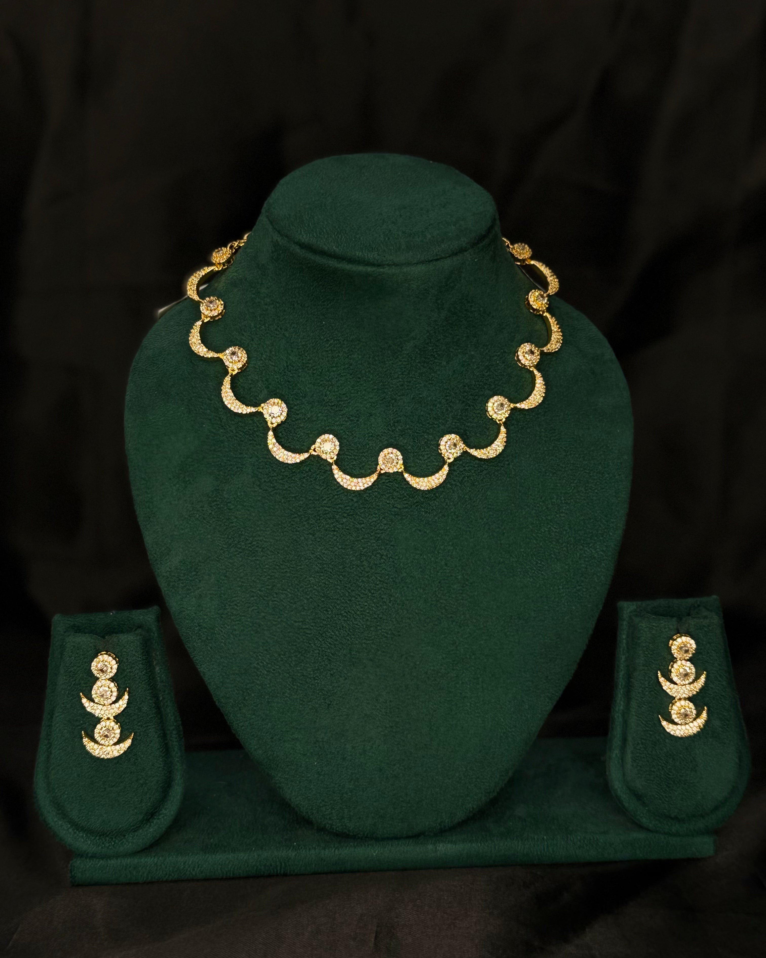 Elegant Rolled Gold Necklace Set with Pink Stone Detailing and Matching Earrings | PJV90