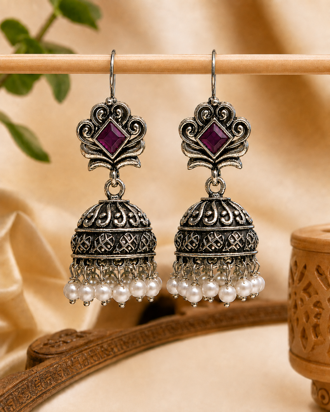 Oxidised Silver Jhumka Earrings with Black Stone & Pearls | OLS5