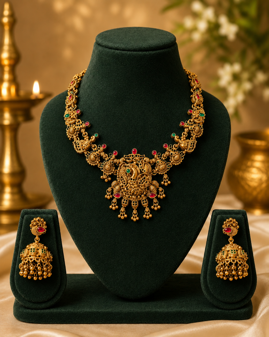 Antique Gold Peacock Necklace Set with Jhumka Earrings | OL152