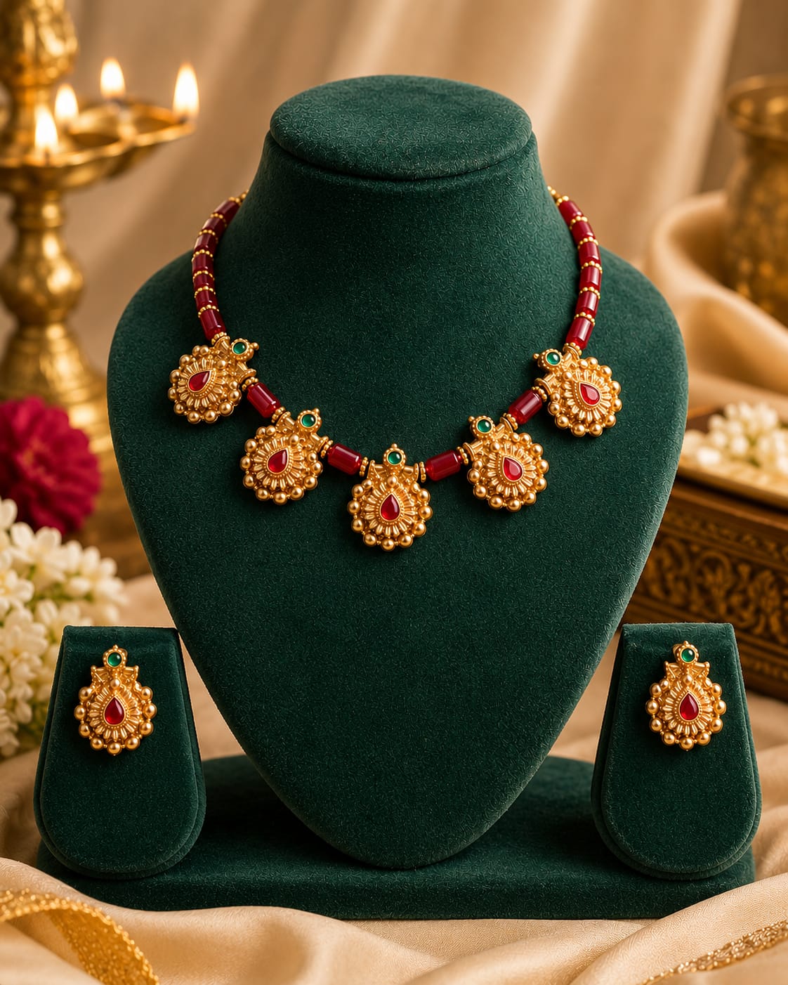 Ruby Bead Antique Gold Temple Necklace Set with Earrings | OL159