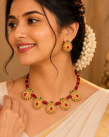 Ruby Bead Antique Gold Temple Necklace Set with Earrings | OL159