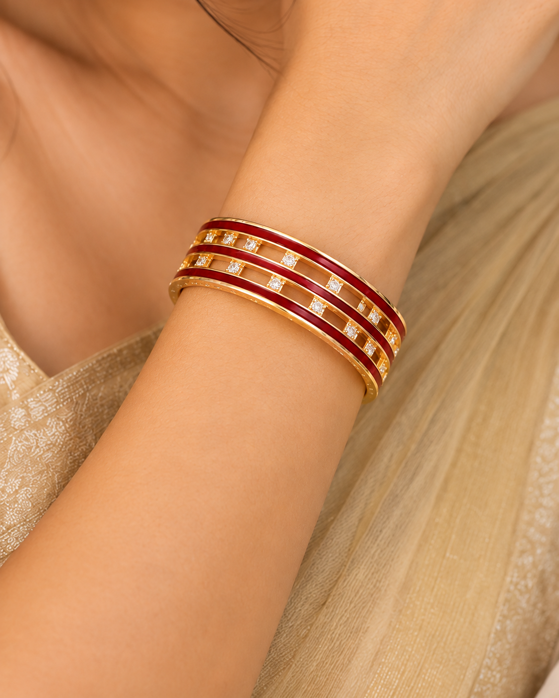 Gold Bangle with Red Enamel Double Stripe & CZ Stone - P2 | L410