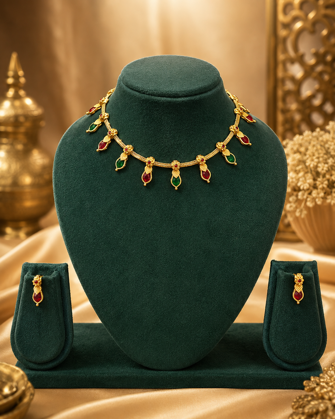 A woman wearing a gold-toned necklace with green and red stone accents, styled with a dark green blouse and a beige saree in a warm indoor setting.