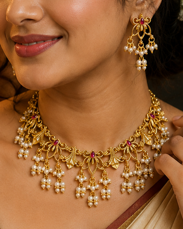 A woman wearing a gold-toned traditional necklace with white pearl-like drops and matching dangling earrings, styled with a cream and maroon sari and white hair flowers, photographed indoors with warm ambient lighting.