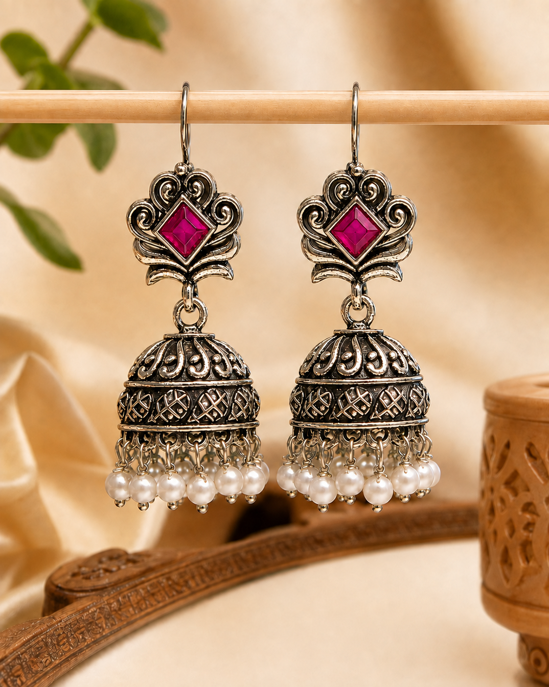 Oxidised Silver Jhumka Earrings with Black Stone & Pearls | OLS5