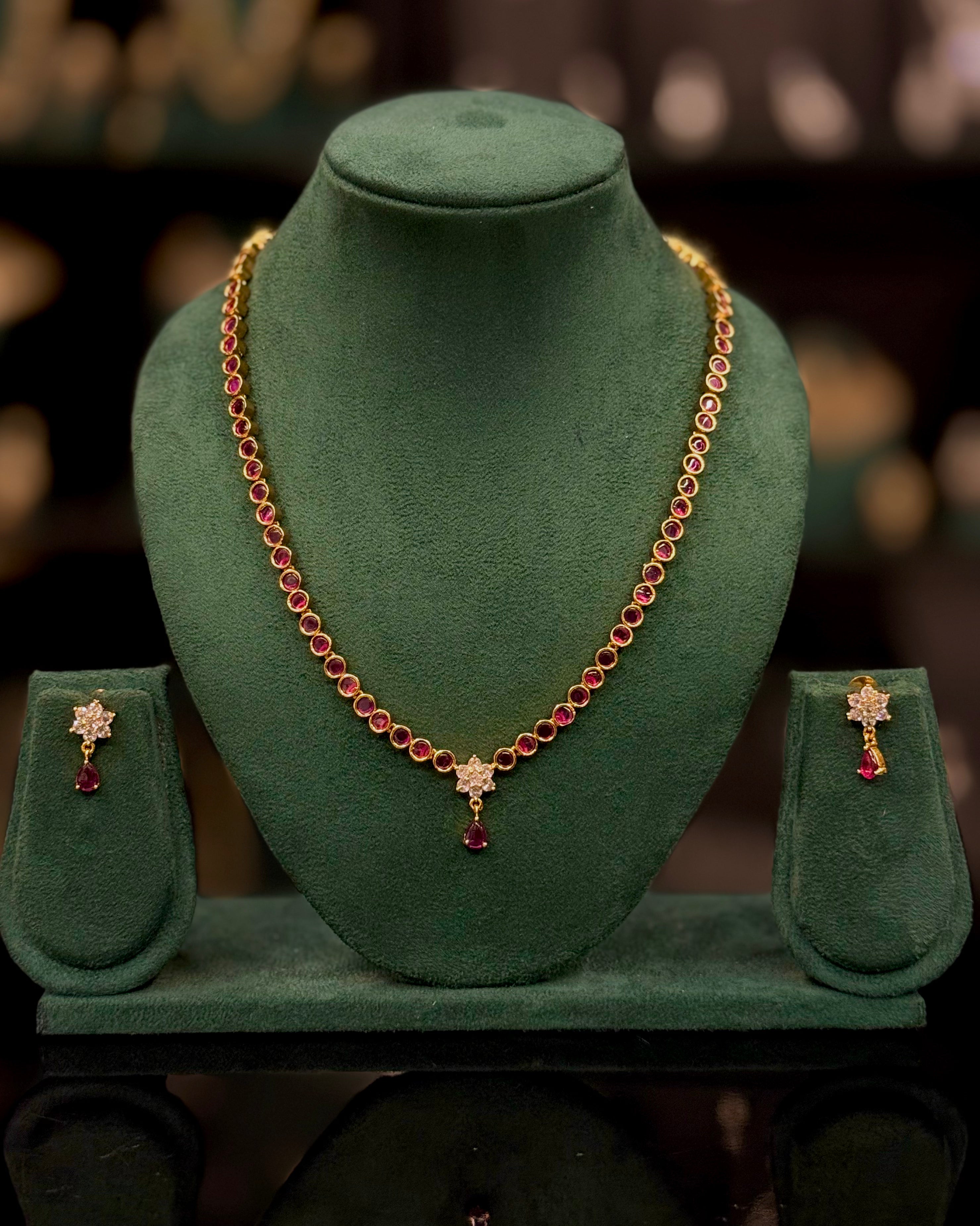 Elegant Gold Necklace Set with Ruby, Green & White Stone Options - Matching Earrings | ONK385