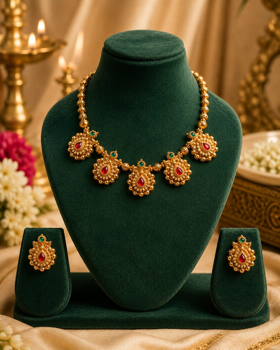 Antique Gold Ball Chain Necklace Set with Ruby & Emerald | OL159