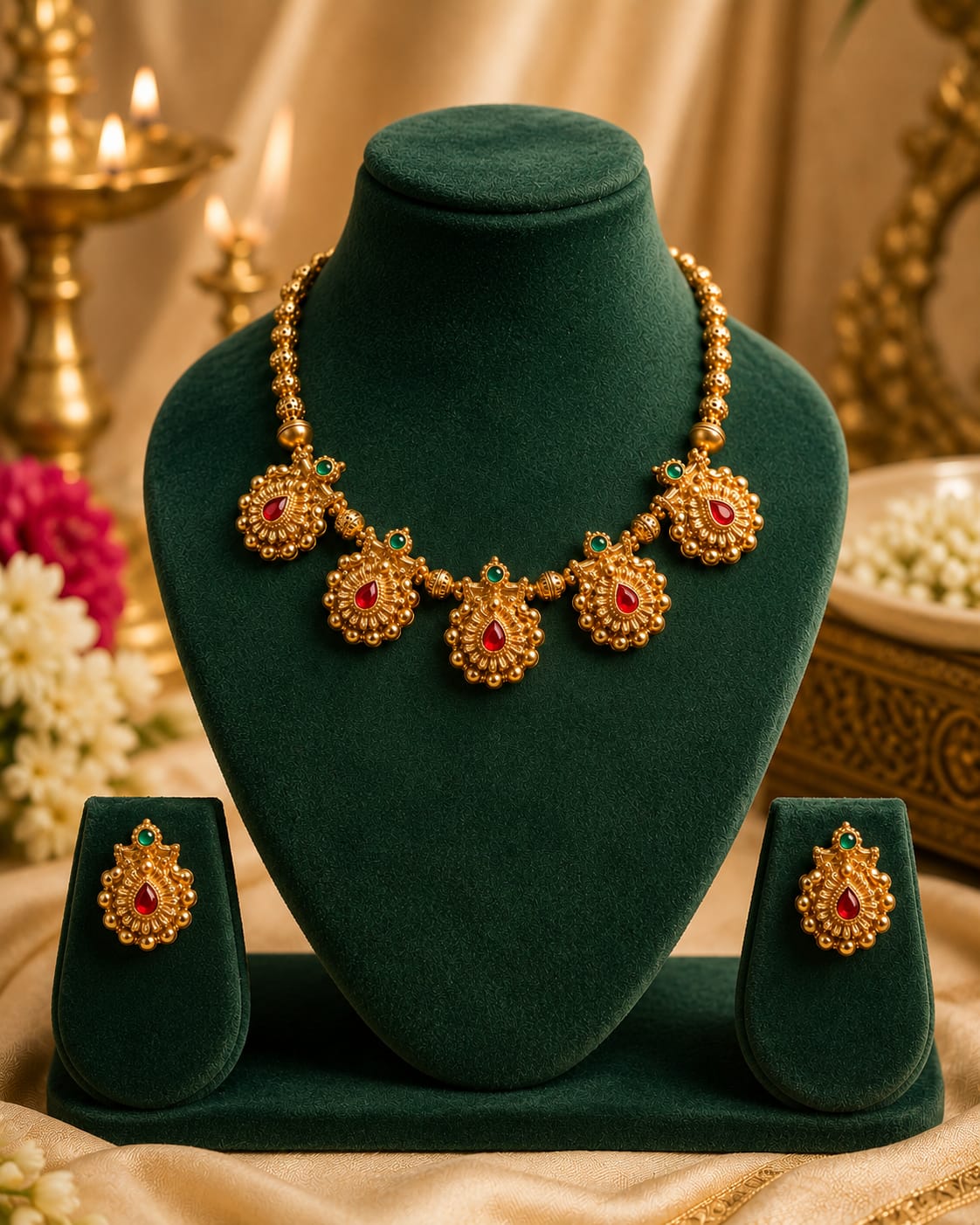 Antique Gold Ball Chain Necklace Set with Ruby & Emerald | OL159