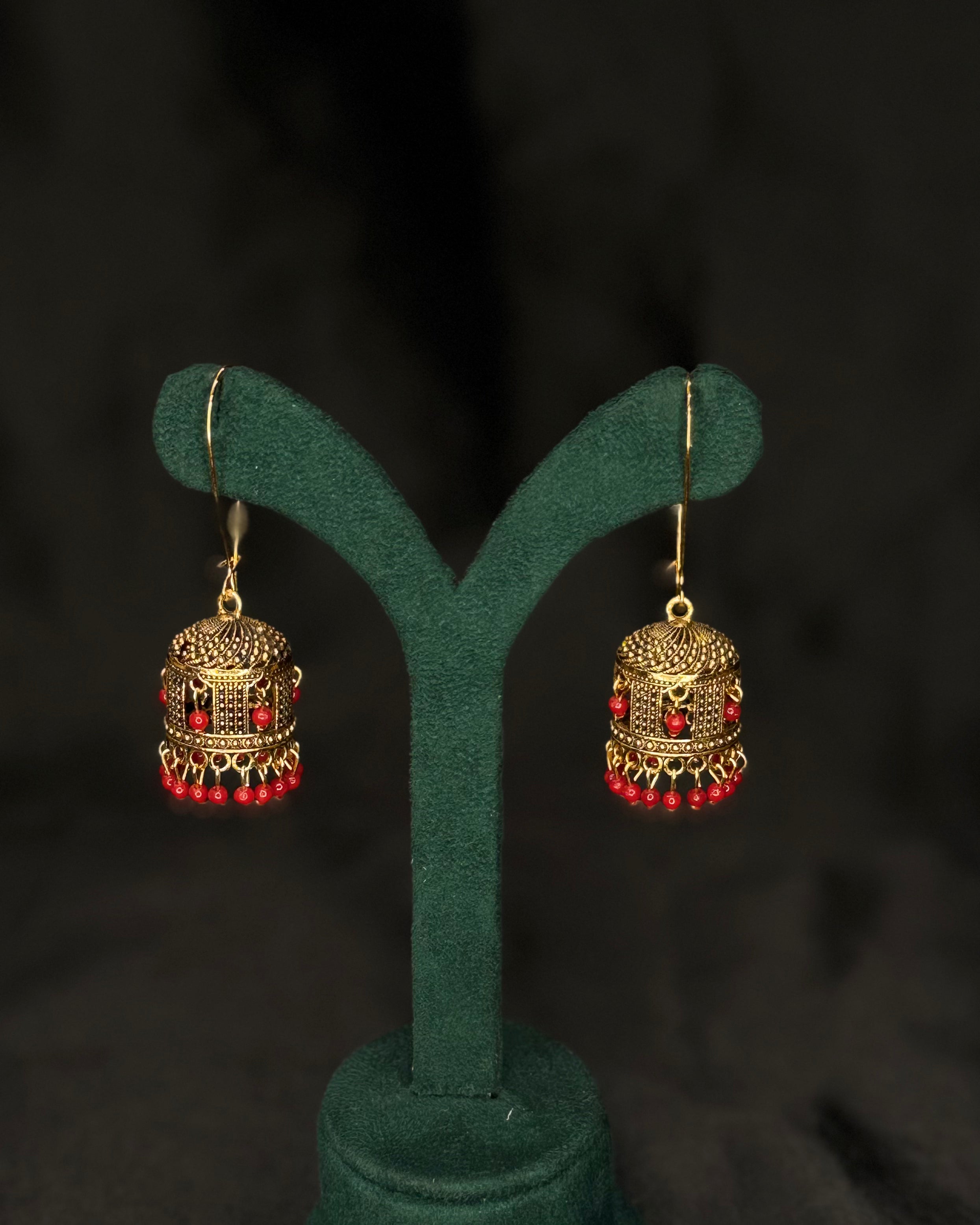 Antique Gold-Tone Jhumka Earrings with Beaded Drop Detailing | SITA2556