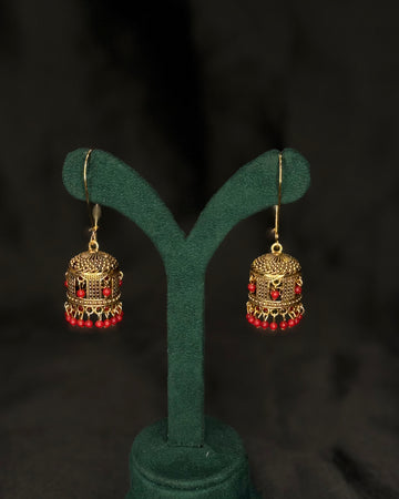 Antique Gold-Tone Jhumka Earrings with Beaded Drop Detailing | SITA2556