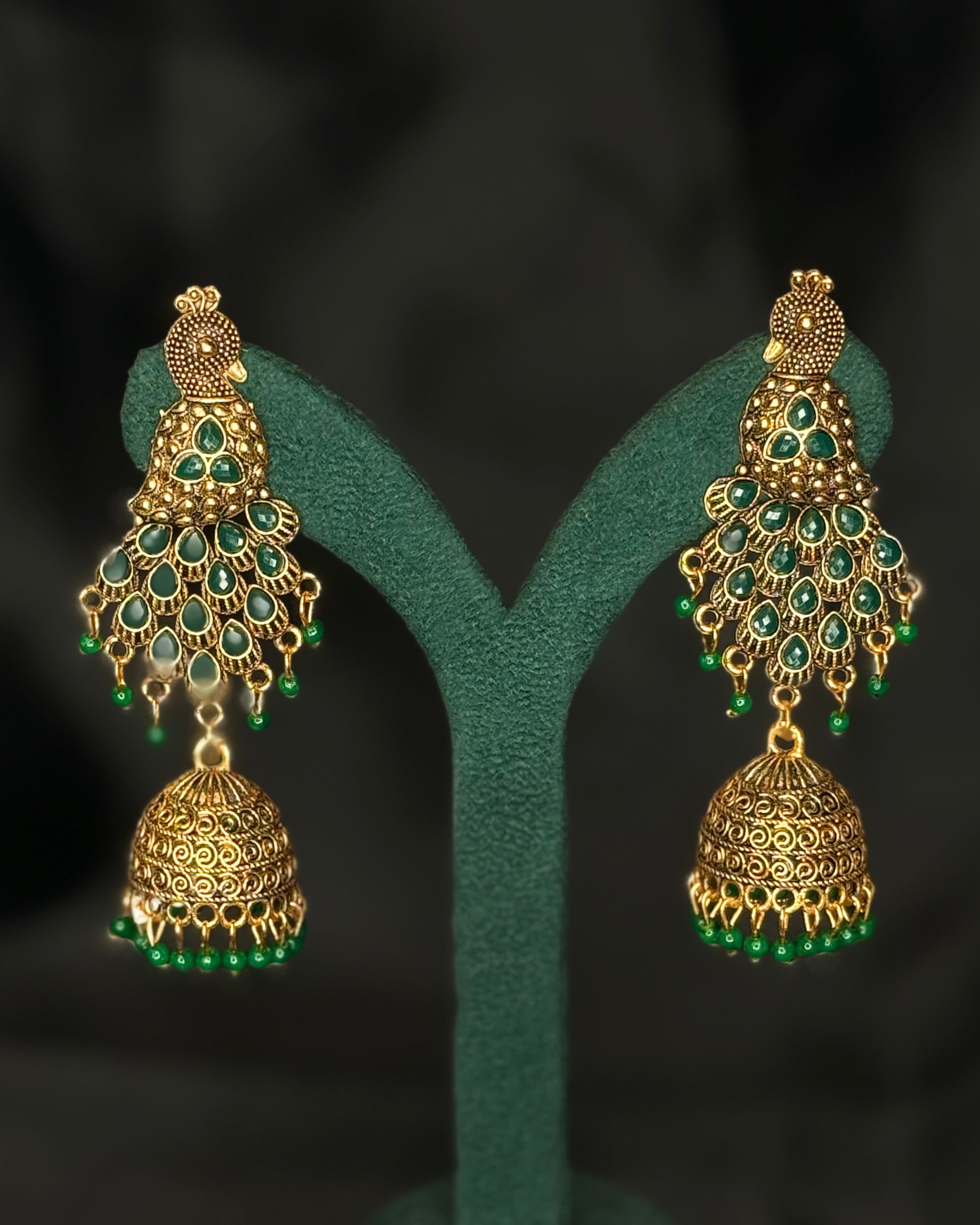 Antique Gold Peacock Design Green Red Pink Stone Jhumka Earrings | SITA2818