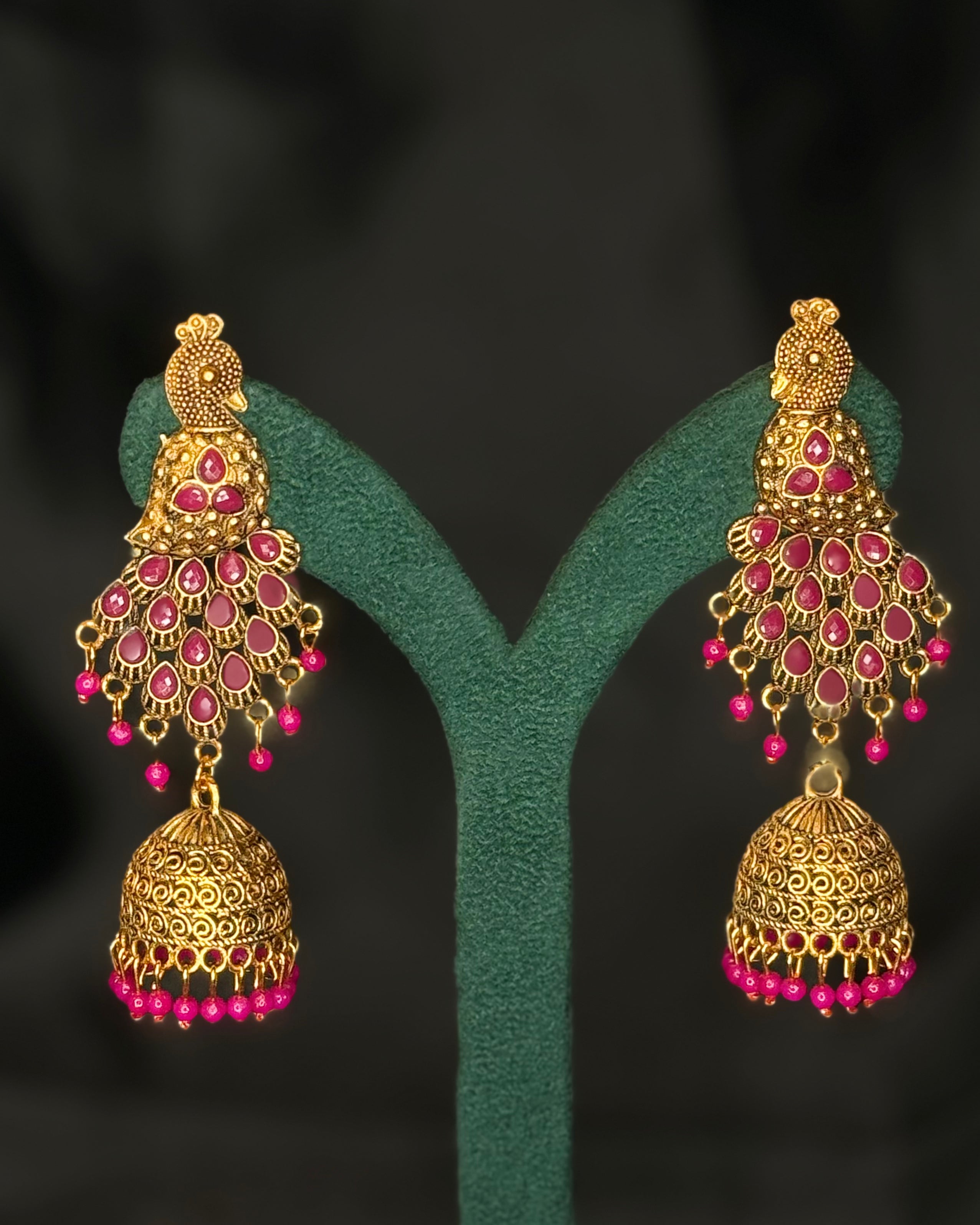 Antique Gold Peacock Design Green Red Pink Stone Jhumka Earrings | SITA2818