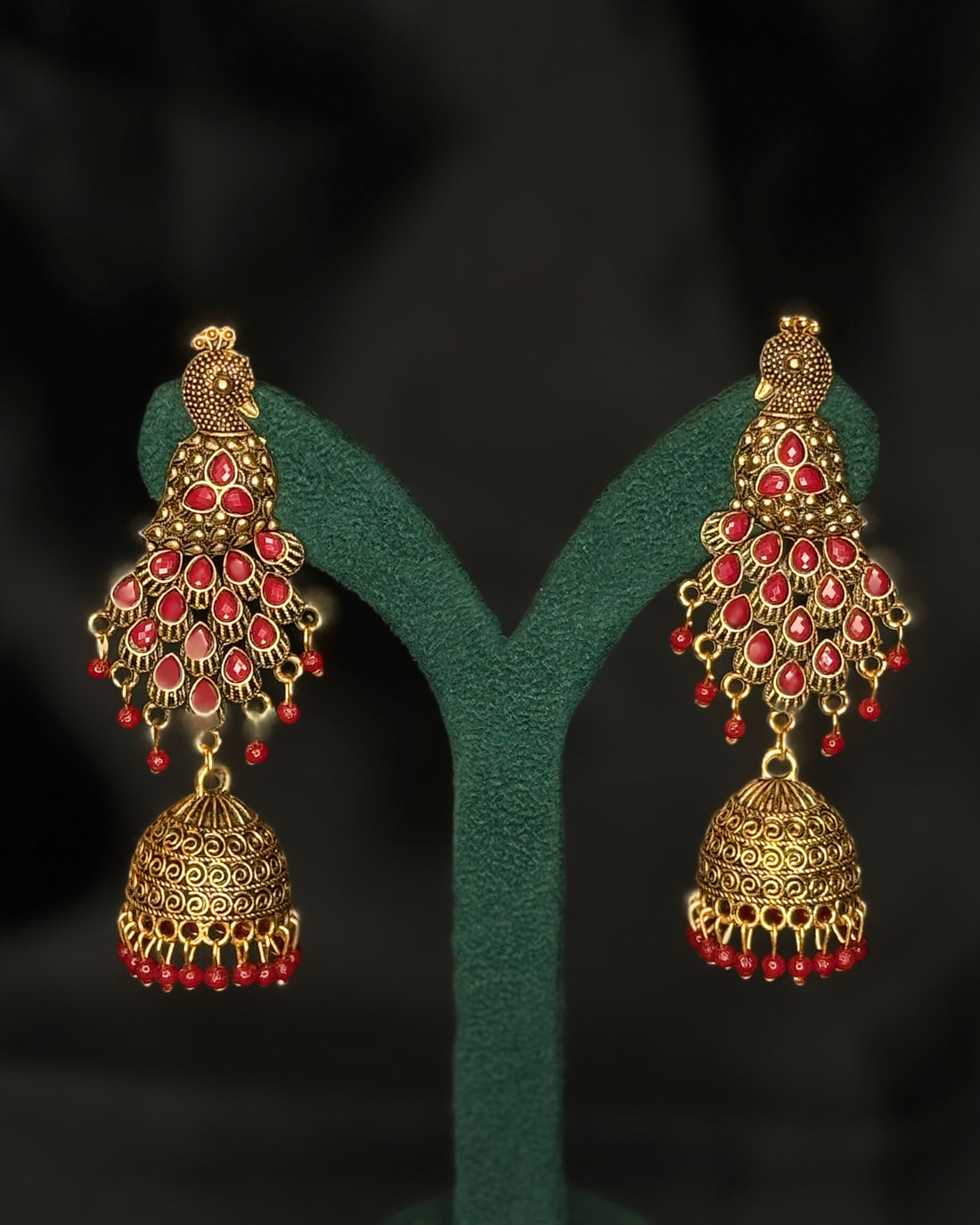 Antique Gold Peacock Design Green Red Pink Stone Jhumka Earrings | SITA2818
